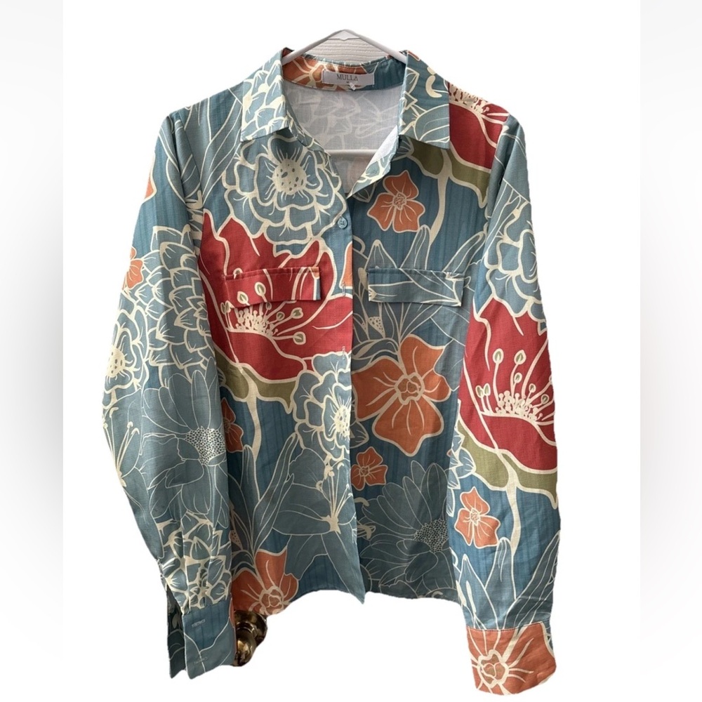 Mulla Hawaiian Tropical Blouse Top Women’s M Green Orange Flower Linen Blend
